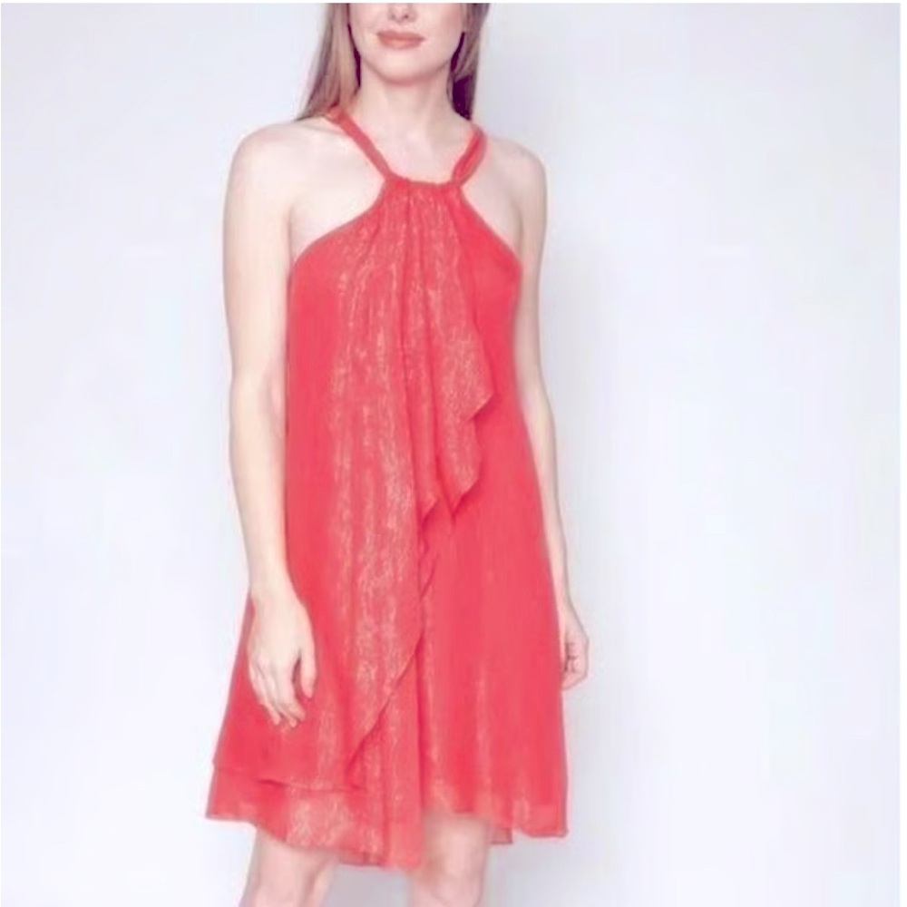 AMANDA UPRICHARD Coral “Fatima” Silk Ruffle Halter Dress Size Small NWT